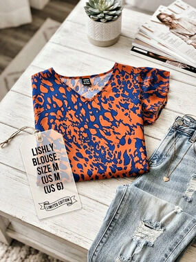 Lishly Animal Print Blouse in Blue & Orange Size Medium NWT